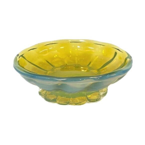 Vintage Murano Art Glass Camer MCM Yellow Blue Small Footed Bowl - Picture 1 of 15